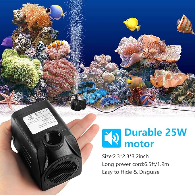 CWKJ Fountain Pump, 2 Packs 400GPH(25W 1500L/H) Submersible Water Pump, Durable Outdoor Fountain Water Pump with 6.5ft Tubing (ID x 1/2-Inch), 3 Nozzles for Aquarium, Pond, Fish Tank, Water Pump