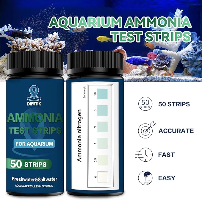 DIPSTIK Ammonia Test Strips for Fish Tank,Feshwater & Saltwater Aquarium Water Test Kit (50)