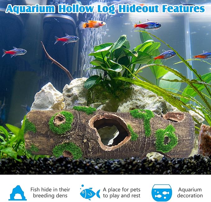 Hamiledyi 2 PCS Small Tree Trunk Aquarium Fish Tank Ornament, Betta Fish Hideout Caves, Resin Moss Tree Trunk Aquarium Decoration with Holes and Caves