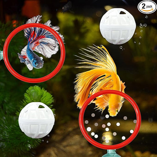 Betta Fish Exercise Ring and Filter Balls Set, Betta Ring and Turtle Water Cleaner Ball, Fish Feeder Rings with Nitrifying Balls, Betta Fishes Tank Toys, Aquatic Turtle Enrichment Toys (Red, M-70mm)