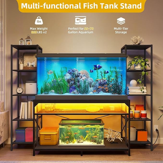 DWVO 55-75 Gallon Aquarium Stand with Power Outlets & LED Light, Display Stand for Turtle Tank, Reptile Terrarium, Heavy Duty Metal Fish Tank Stand Suitable for Living Room, Entryway, 860LBS Capacity