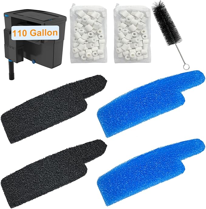 9 PCS Aquarium Media Kit Compatible with Seachem Tidal 110 Gallon (400 Liters) Fish Tank Filter, Including 2 Ceramic Rings, 2 Blue Foam Filters, 2 Carbon Sponge Filters, 1 Brush and 2 Mesh Bags