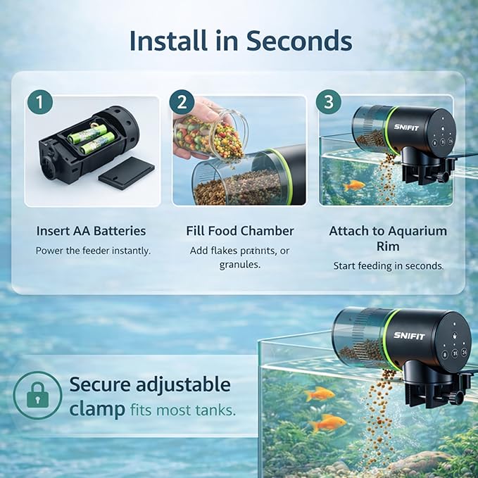 Automatic Fish Feeder for Aquarium - Fish Feeder Automatic Dispenser– with Adjustable Feeding Schedule for Home or Office and Small Tank Betta Turtle - Battery Vacation Self Feeding for Flakes.