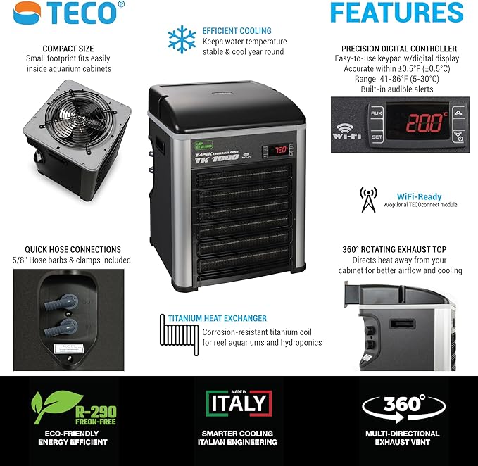 TECO 1/4 HP Aquarium Water Chiller - Ultra-Quiet, Energy-Efficient Temperature Control for Reef, Saltwater, Freshwater & Axolotl Tanks up to 200 Gallons
