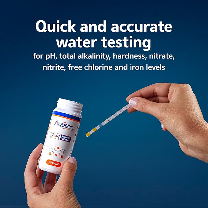Aqueon 7-in-1 Aquarium Test Strips, Fast Results for pH, Total Alkalinity, Hardness, Nitrate, Nitrite, Free Chlorine and Iron Levels, for Freshwater and Saltwater, 50 Count