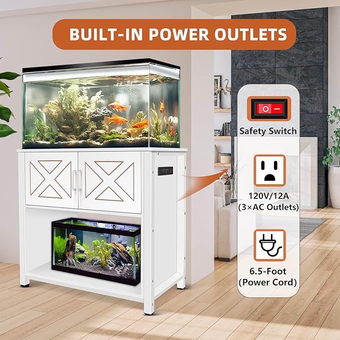 BEURUKU 40 Gallon Tank Stand with Cabinet and Power Outlets, Heavy Duty Metal Aquarium Stand for 40-50 Gallon Breeder Tank, Turtle Tank, Double Terrarium Stand, 660LBS Capacity, White