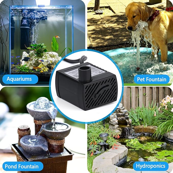 40 GPH Mini Submersible Water Pump (3.2W 150L/H) for Water Feature, Aquariums, Fish Tank, Tabletop Fountain, Pet Fountain, Indoor or Outdoor Pond Fountain