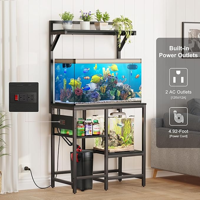 20-29 Gallon Fish Tank Stand, Aquarium Stand with Power Outlet, Heavy-Duty Reptile Terrarium Stand Table with Top Shelf and 4-Tier Adjustable Storage Shelves, 30.7" L x 15.3" W x 30" H(Black)