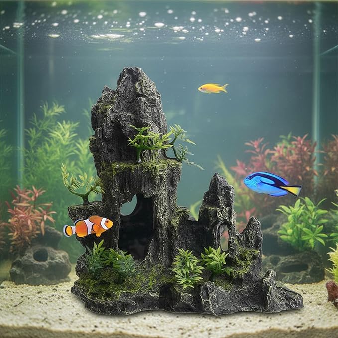 11 Inch Large Aquarium Decor, Tall Resin Mountain Rock Cave with Plants for Natural Aquascape – Realistic Fish Tank Decorations & Hiding Place for Betta, Shrimp, Cichlids