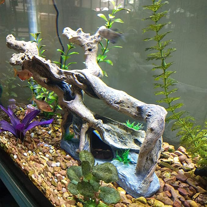 PINVNBY Resin Driftwood Aquarium Decoration Tree Branch Fish Tank Trunk Ornament Betta Log Reptile Climb with Holes for Shrimp Lizard Fish Gecko(3 PCS)