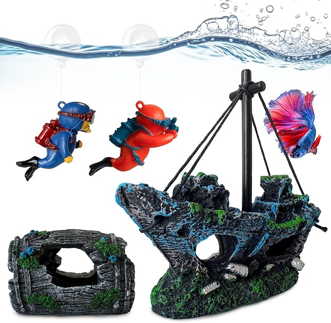 4PCS Fish Tank Decorations Set – Resin Shipwreck & Barrel with 2 Floating Diver Figurines, Aquarium Decor Ornaments for Betta Fish Goldfish Shrimp, Safe Hideouts Decor for Small Tanks