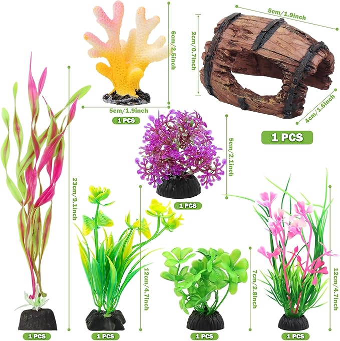 QUOZUO Small Fish Broken Barrel Decor Fish Tank Decorations Aquarium Accessories Plants Plastic Resin Barrel and Coral Hideout Ornaments Aquarium Decor Set 8 Pieces