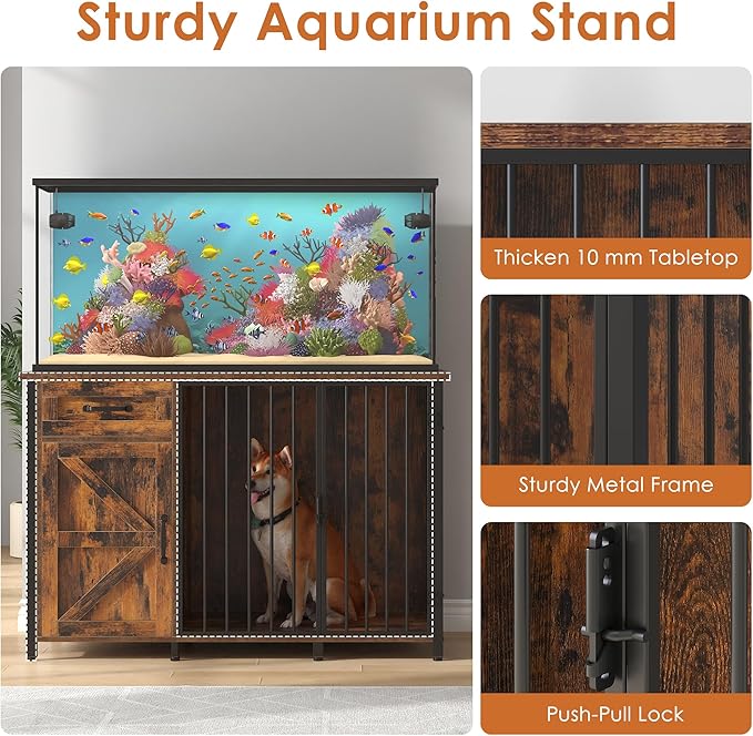 kepptory 55-75 Gallon Fish Tank Stand with Dog Crate, Multifunctional Aquarium Stand with Cabinet and Power Outlets for Larger Aquariums and Versatile Use (Brown)