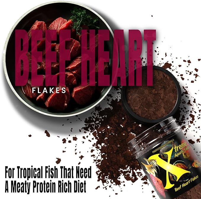 Xtreme Beef Heart Flakes - High Protein, Nutrient-Dense for Tropical & Freshwater Fish, Supports Growth, Color Enhancement, Easy Digestion - Ideal for Discus and Cichlids (2oz)