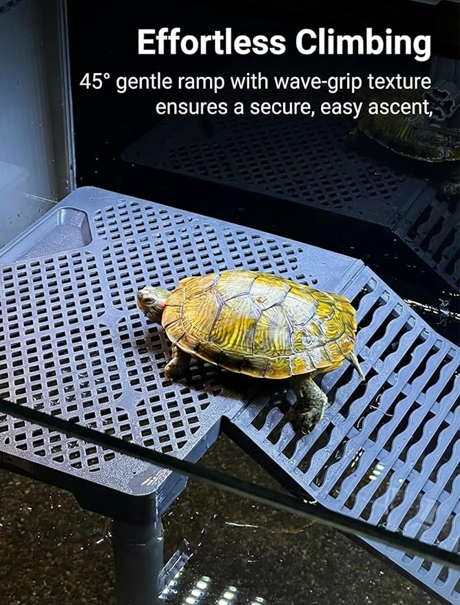 SolidForm Turtle Basking Platform with Ramp, Built-in Food Tray, Zero Zip-Tied, Non-Slip Ramp, 2 Adjustable Height Turtles Dock, for 25–75 Gallon Aquariums(11-in Width) Turtle Tank Accessories