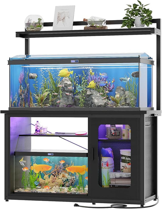 Unikito 55-75 Gallon Fish Tank Stand With Power Outlets & LED Light, Heavy Duty Aquarium Cabinet for Accessories Storage, Reversible Reptile Tank Terrarium Stand, Black