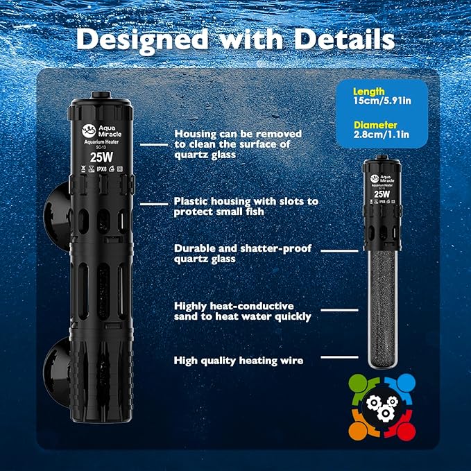 AquaMiracle Submersible Aquarium Heater, 25W Fish Tank Heaters with LED Digital Temp Display, Dry-Run Auto Power-Off & Overheat Protection, for Freshwater and Saltwater Tanks (3-5 Gal)