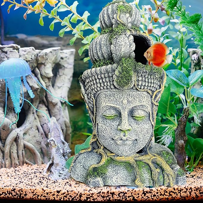 Hamiledyi Buddha Head Statue Aquarium Decorations Resin Fish Hideout Betta Cave for Large Fish Tank Ornaments Betta Sleep Rest Hide Play Breed(Large Size)