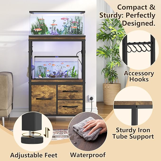 Heybly 5-10 Gallon Fish Tank Stand, Aquarium Stand with Drawer, Power Outlet, Heavy Duty Metal Frame, for Fish Tank, Turtle & Reptile Terrarium, 20.5" × 10.2" Top, 200lbs, Rustic Brown HAS002SSR