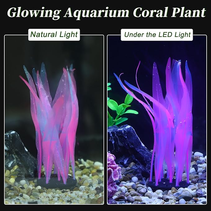 Aquarium Glowing Kelp Plant, Soft Silicone Glowing Fish Tank Decorations, Fluorescence Coral Decor for Aquarium Decor Pink 2pcs