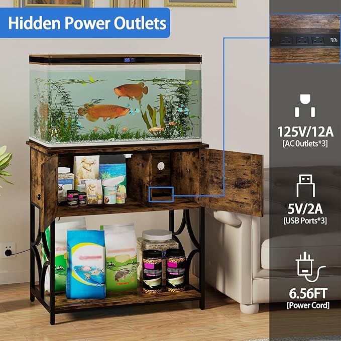 20-29 Gallon Fish Tank Stand with Power Outlets & LED Light, 330LBS Capacity, 20 Gallon Aquarium Stand with Storage, Metal Fish Tank Stand for Turtle Tank, 30.7" L*15.7" W Tabletop, Brown