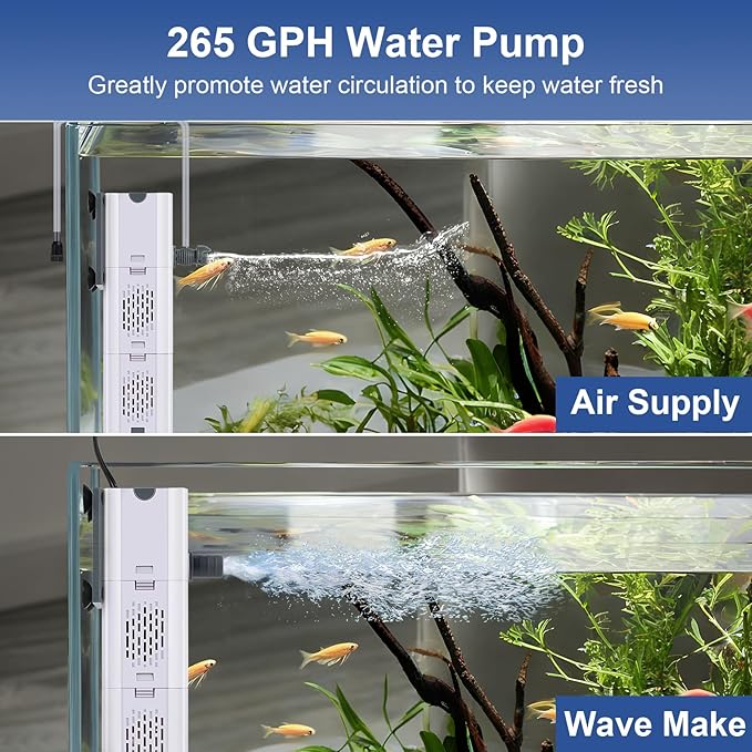 265 GPH 4-in-1 aquarium filter, 20-80 gallon fish tank filters Filtration and Oxygenation, filter for fish tank with biochemical cotton, ceramic beads, Multi-functional turtle tank filter(15 W)