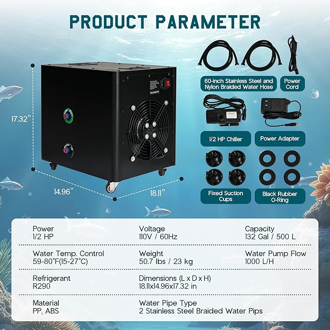Albott 132 Gal Aquarium Cooler, 1/2 HP Water Chiller with Water Pump & 2 Pips, Hydroponics Chiller with Quiet Design Compressor & Wheels for Axolotl Fish Coral Shrimp, 110V, Black
