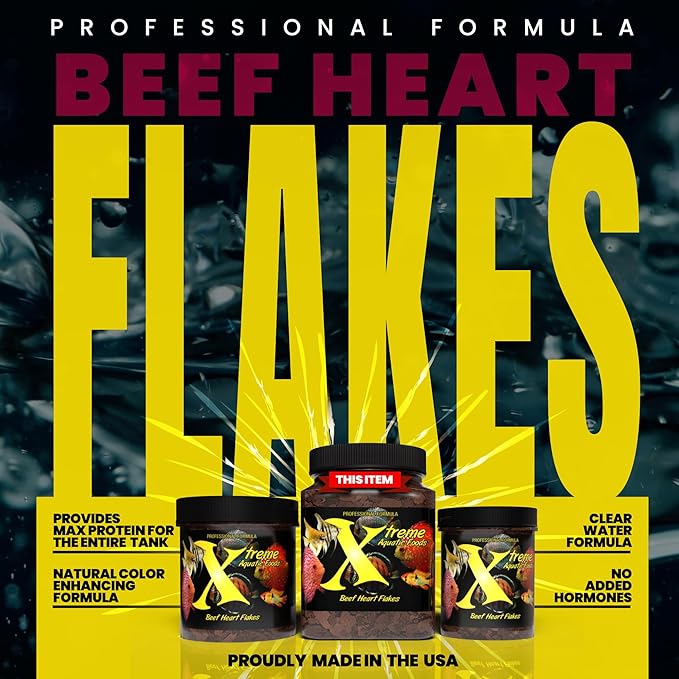 Xtreme Beef Heart Flakes - High Protein, Nutrient-Dense for Tropical & Freshwater Fish, Supports Growth, Color Enhancement, Easy Digestion - Ideal for Discus and Cichlids (3.5oz)