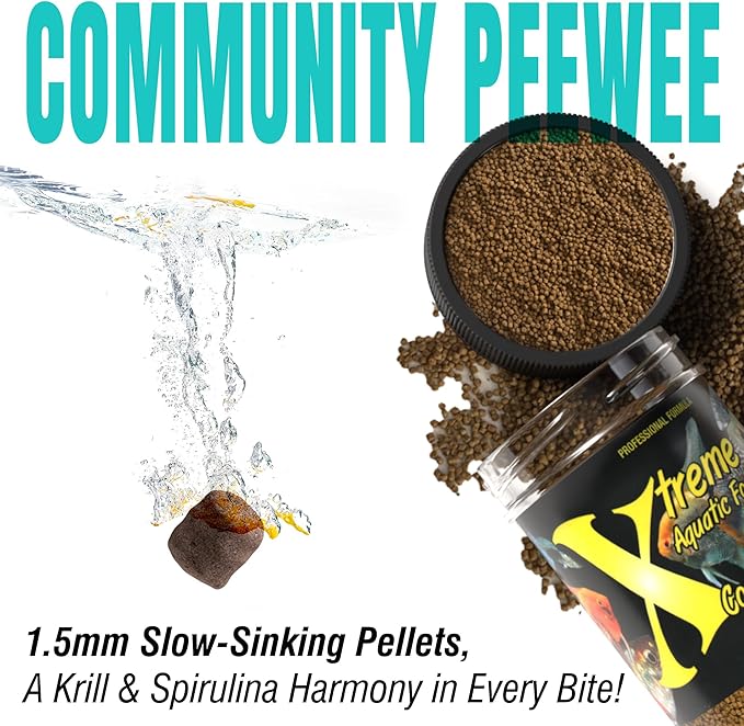 Xtreme Community Peewee 1.5mm Pellets: Slow Sinking & Ideal for Community Fish - Boosts Immune & Digestive Health, Enhances Color & Energy, Max Protein Fish Food – USA Farm Grown (5oz)