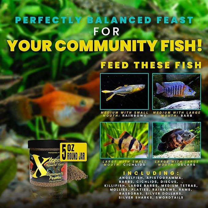Xtreme Community Peewee 1.5mm Pellets: Slow Sinking & Ideal for Community Fish - Boosts Immune & Digestive Health, Enhances Color & Energy, Max Protein Fish Food – USA Farm Grown (5oz)