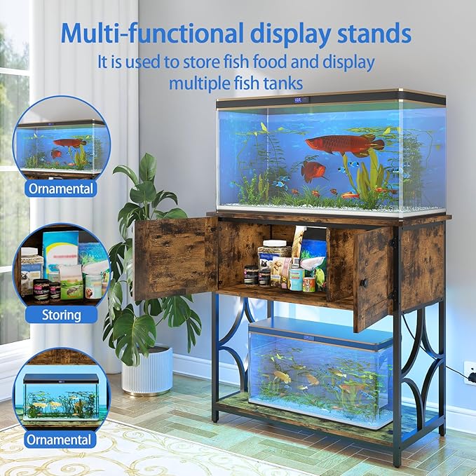 20-29 Gallon Fish Tank Stand with Power Outlets & LED Light, 330LBS Capacity, 20 Gallon Aquarium Stand with Storage, Metal Fish Tank Stand for Turtle Tank, 30.7" L*15.7" W Tabletop, Brown