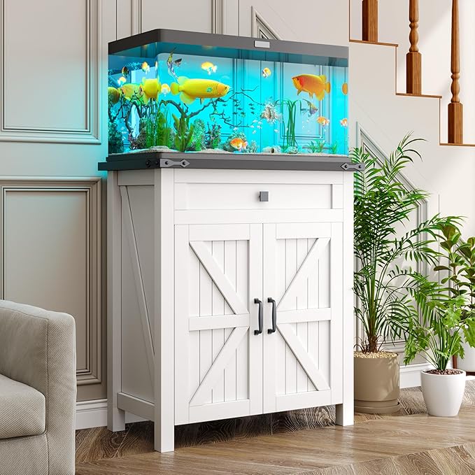 kepptory 20 Gallon Fish Tank Stand with Power Outlets, Farmhouse Decorative Aquarium Stand Furniture with Adjustable Shelves, 10-20 Gallon Reptile Turtle Tank Stand with Cabinet Storage (White, 20GL)