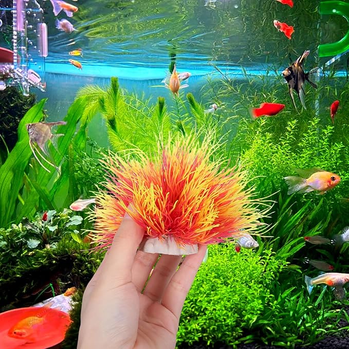 Telooco 3 Pack Aquarium Plants Plastic Realistic Fish Tank Plants with Weighted Base Aquarium Decor for Betta Tanks Aquascaping Reptile Terrariums (Pink and Yellow)