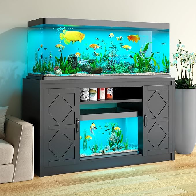 kepptory 55-75 Gallon Fish Tank Stand with Diamond Doors & Power Outlet, Heavy Duty Aquarium Stand with Cabinet Storage for Fish Tank, Turtle Tank, Reptile Terrarium (Black)