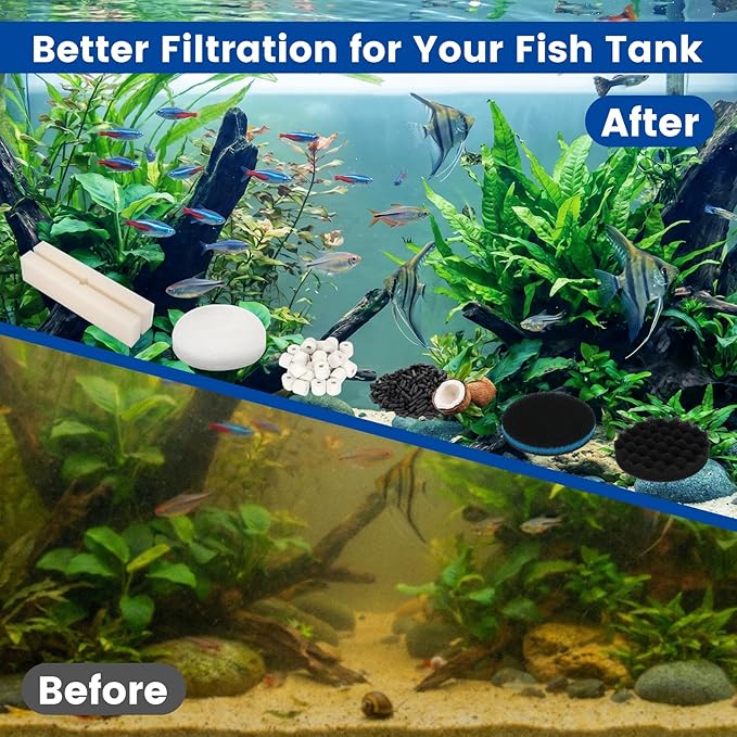 24 PCS Fx6 Aquarium Media Kits, Compatible with Fluval FX4/FX5/FX6 Canister Filters, Including Bio-Foam Block, Carbon Sponge Filter, Ceramic Ring, Silicone Lubricant, Activated Carbon, Mesh Bag