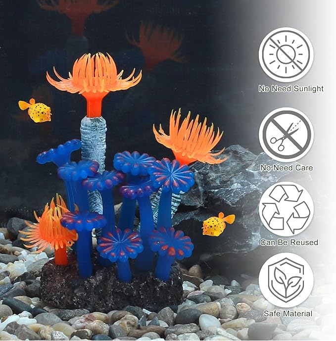 Aquarium Coral, Luminous Fish Tank Ornaments, Silicone Aquarium Plants, Fake Coral for Fish Landscape Decoration, Orange Blue