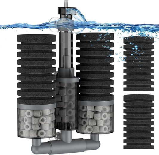 Pawfly Aquarium Sponge Filter, Fish Tank Filter, Submersible Small Aquarium Filter with Double Foams & Ceramic Rings, Quiet Bio Sponge Filter for 15-55 Gallon Tanks(Air Pump Not Included)