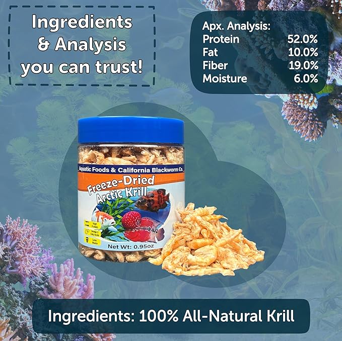 Arctic Krill, Freeze Dried Krill, High in Natural Color Enhancing for Large Cichlids, Tropical Fish, Koi, Turtles, 12-Type Pellet Mix & 4-Type Wafer Mix Included 1.9oz Canister