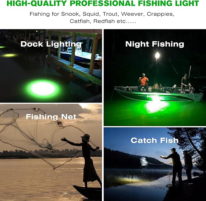 HUSUKU LED Underwater Fishing Light, Green Night Fishing Finder Attractor, IP68 Submersible Boat Lamp for Snook Crappie Squid Shrimp