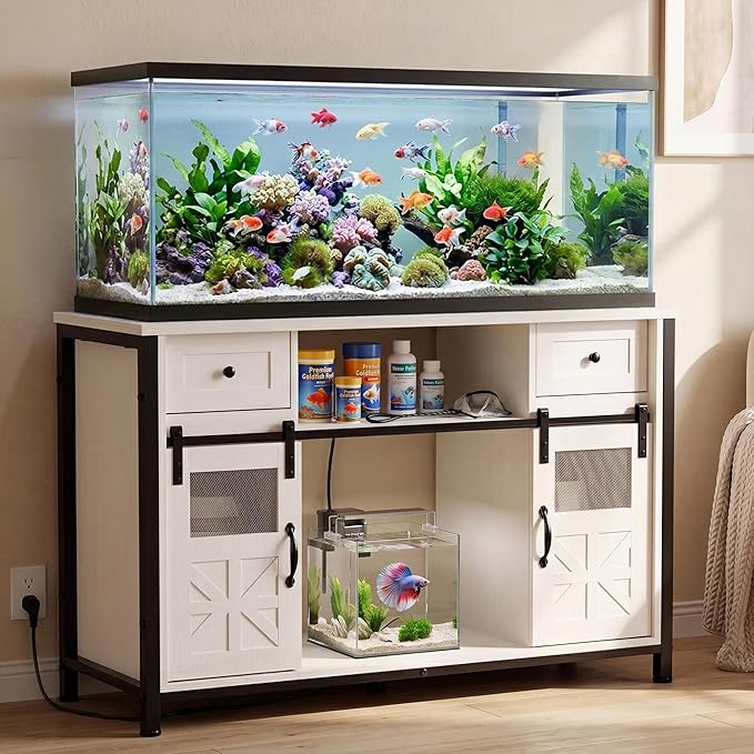 Petrova 55-75 Gallon Fish Tank Stand with Power Outlet, Metal Double Aquarium Stand with Storage Cabinet and Sliding Barn Door, Heavy Duty Reptile Tank Stand, 48" L* 20"W Tabletop, 900LBS Capacity, White