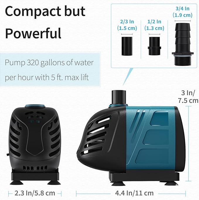 Uniclife Aquarium 320 GPH Submersible and Inline Water Pump 22W 5ft High Lift AC 120 V Quiet Adjustable Return Pump with 6 ft. Power Cord for Fish Tanks Pond Waterfalls Fountains Sumps and Gardens
