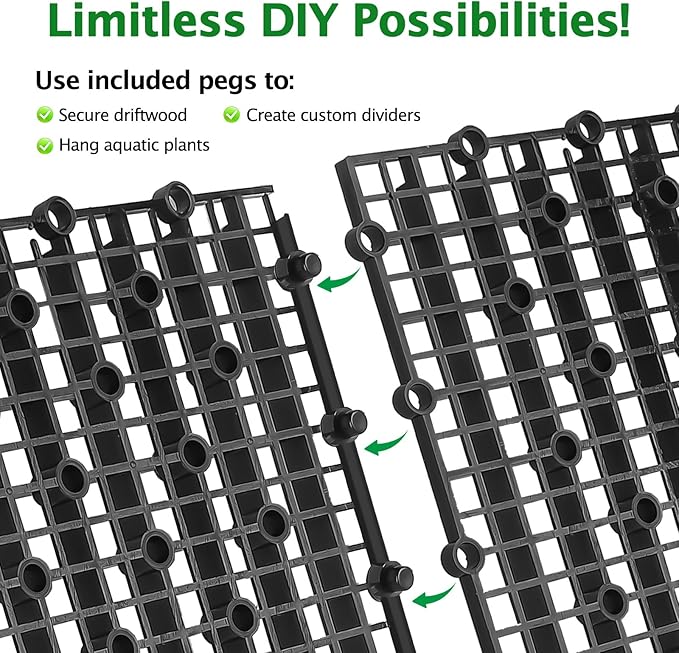 8pcs Aquarium Fish Tank Divider Filter Bottom with Bracket, Plastic Egg Crate Grid (11.6X5.7inch) for Fish Tank Separation, Bottom Filtration & DIY Aquascaping (Black, 48 Brackets)