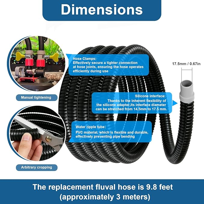 9.8Ft Ribbed Hose Fits Fluval Canister Filter 106 107 206 207 304 305 306 307 404 405 406 407, A20015 16.5MM Fish Tank Filter Tubing, Aquarium Canister Filter Hose
