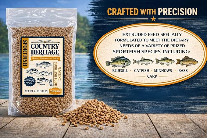 CountryMax Floating Sportfish Game Fish Food – 32% Protein, 7 lb Bag – Ideal for Bass, Bluegill, Catfish, Carp, Minnows & More – Pond & Lake Use