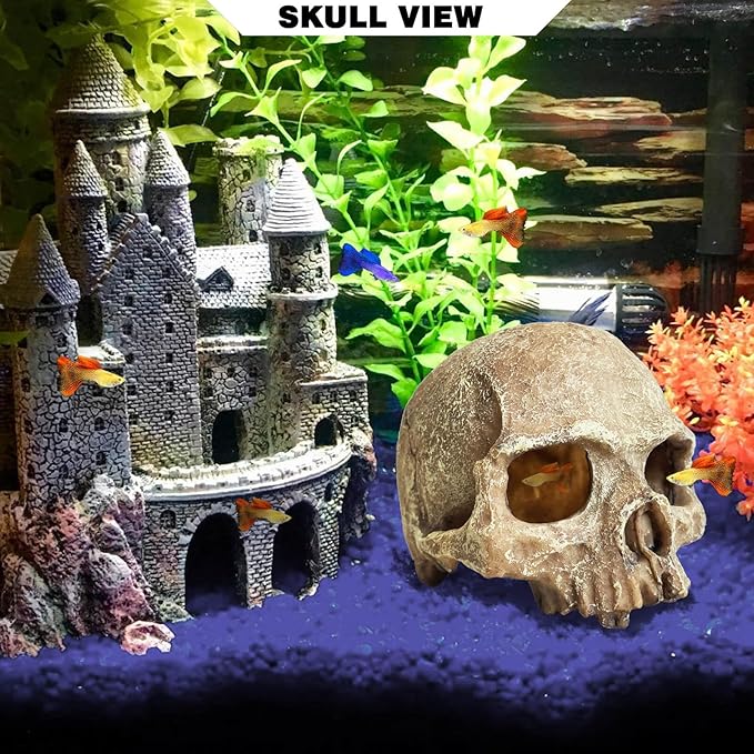 Aquarium Decoration for Fish Tank Skull Head Skeleton Aquarium Ornament Decorative Cave Landscape Aquarium Decor Reptile House Cave Fish Tank Decoration - Small