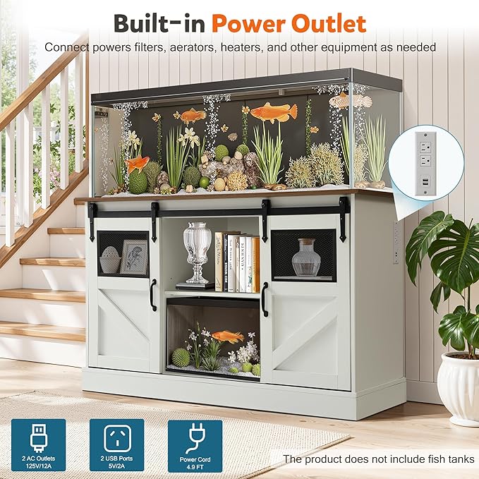 MAGIC UNION 55-75 Gallon Large Fish Tank Stand with Power Outlet, Heavy Duty Aquarium Stand with Sliding Barn Doors, Turtle Reptile Terrarium Stand with Cabinet for Accessories Storage, 1300LBS(White)