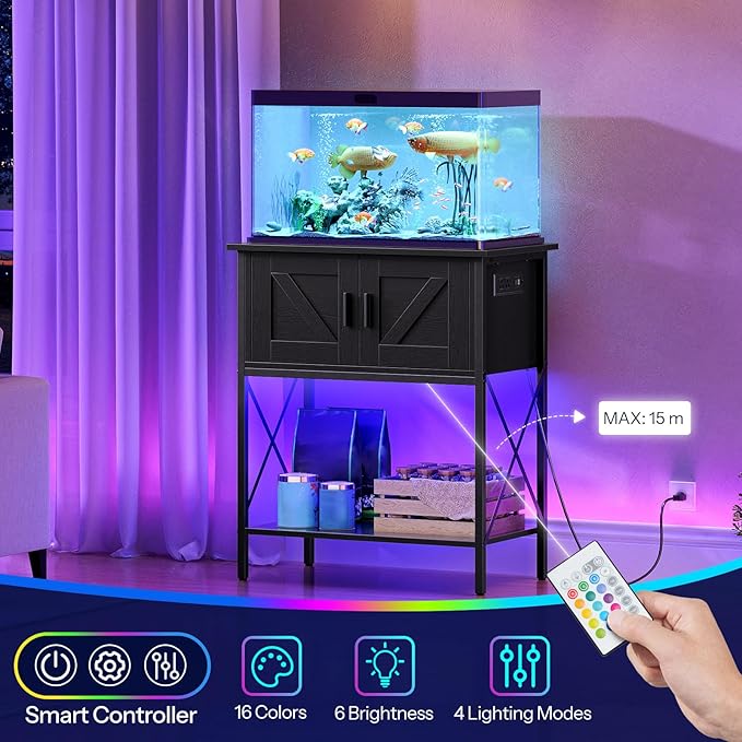 HOOBRO 20 Gallon Fish Tank Stand with Power Outlets and LED Light, Metal Frame Aquarium Stand, Reptile, Turtle Tank Stand with Cabinet Storage, 27.6'' L x 15.7'' W, 300 LBS Capacity, Black BB40UDFT01