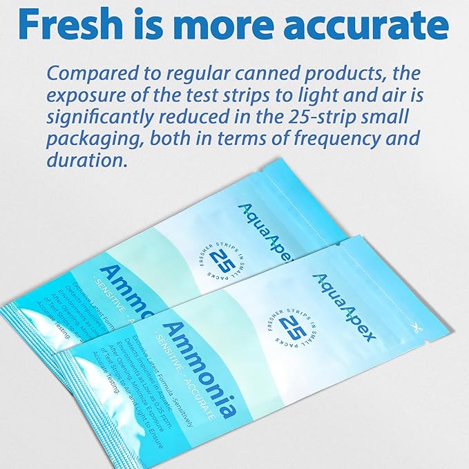 Ammonia Test Kit Aquarium (100 Strips) 0.25ppm High Precision Aquarium Test Kit for Freshwater & Saltwater | Fish Tank Test Strips Dedicated to Ammonia Detection.