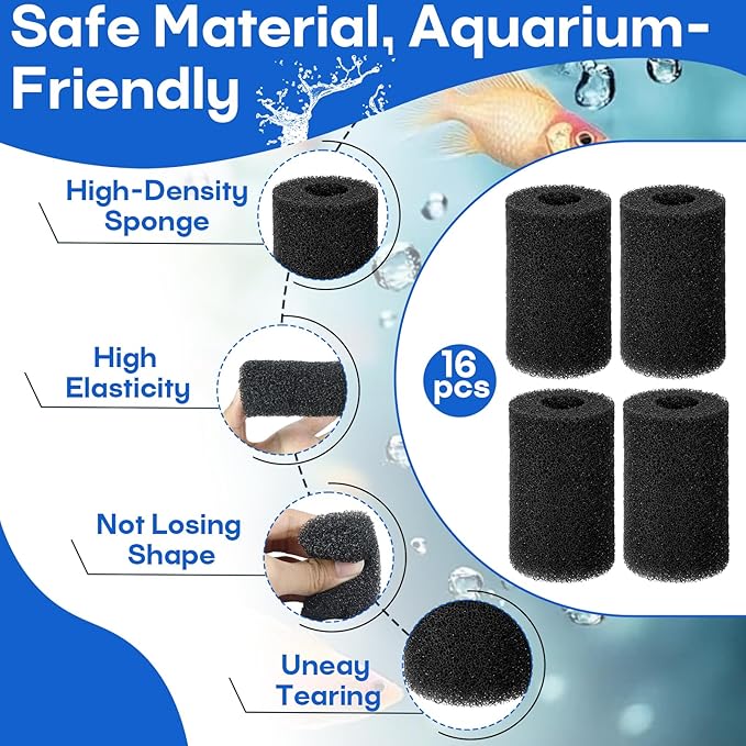 16-Pack Intake Strainer Sponge Replacement, Fits Freshwater & Saltwater Aquariums, Preventing Clogging and Extending the Lifespan of the Water Pump