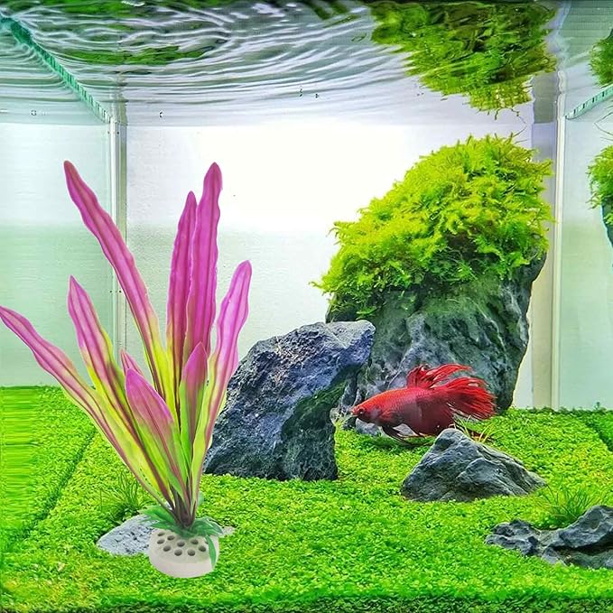 2PCS 11 Inches Tall Purple Green Seaweed Grass Artificial Aquarium Plants, Plastic Fish Tank Decorations for Freshwater and Saltwater Tanks